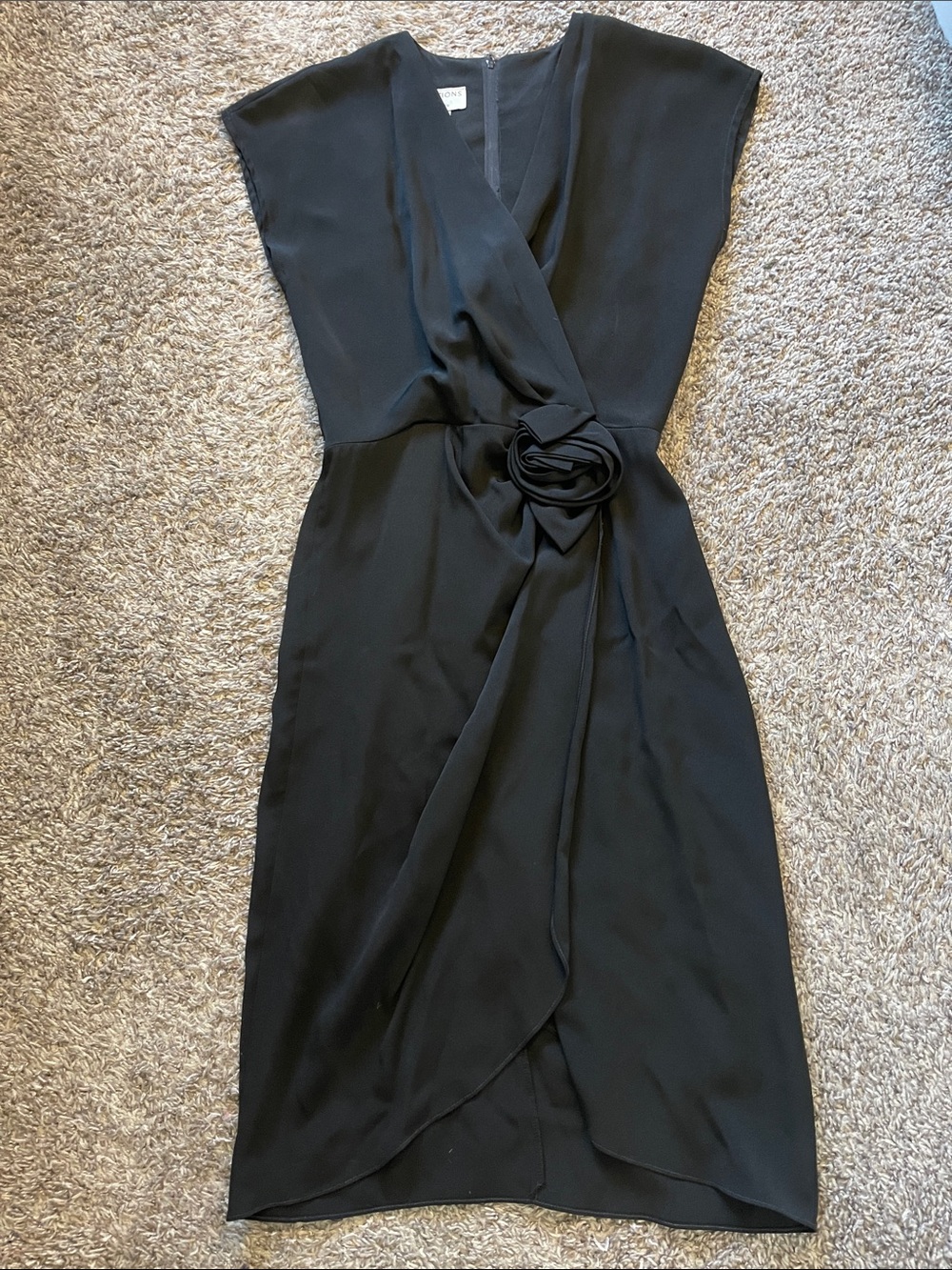 Michelle Stuart Black Midi Faux-Wrap Dress with Rosette
